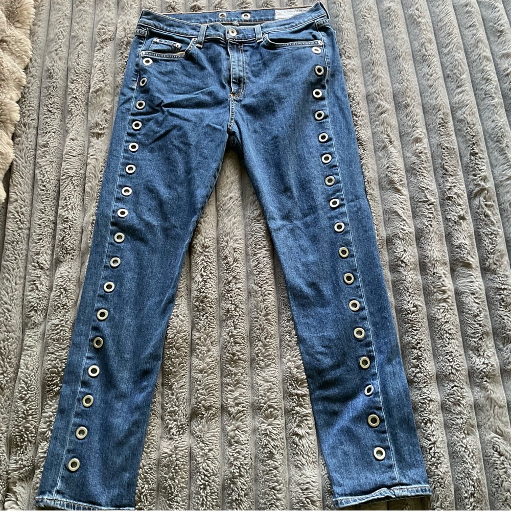 rag & bone  Blue Boyfriend Skinny Jeans with Silver Grommet Trim